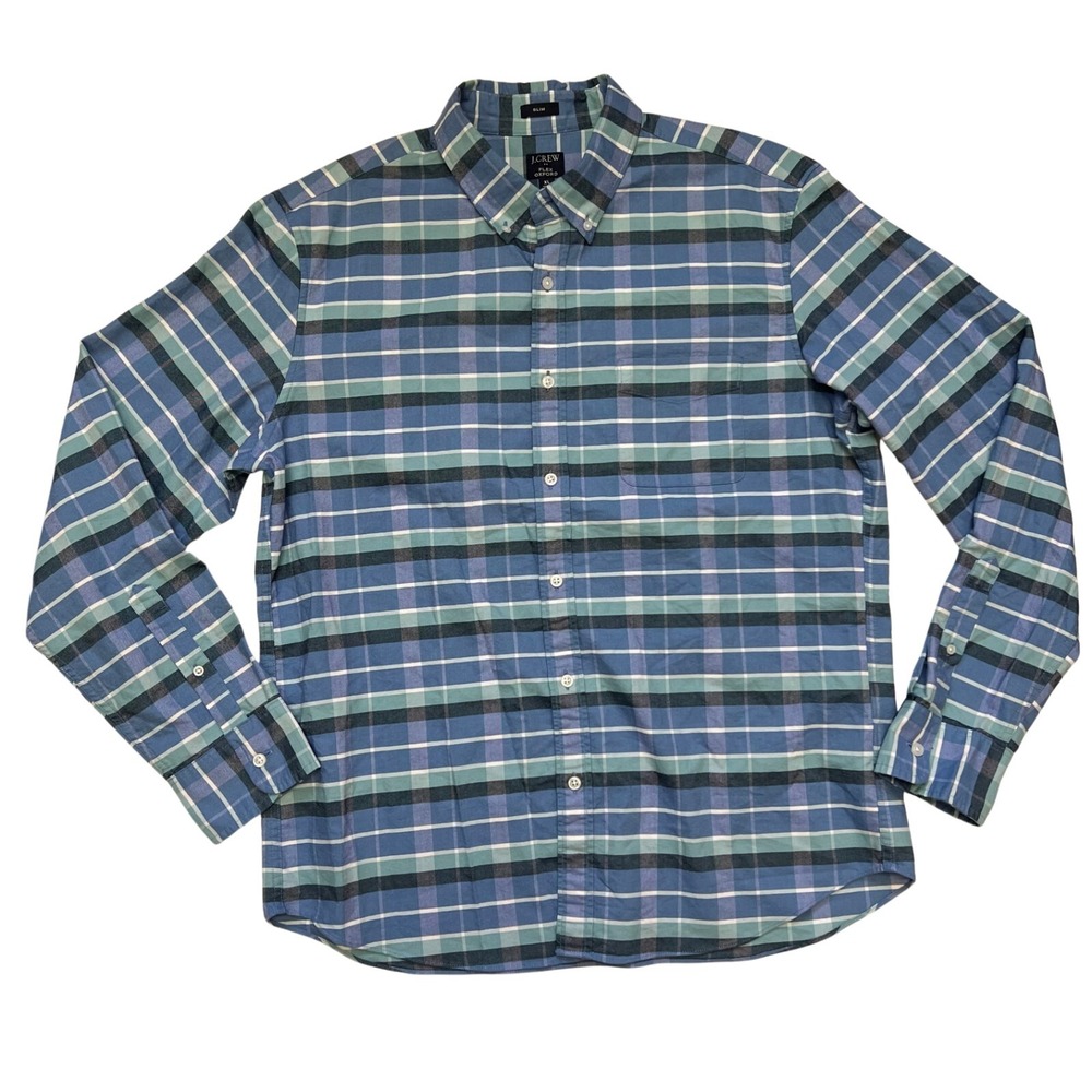 J‎ Crew Flex Oxford Shirt XL Slim Fit Blue Green Plaid Button Down Cotton
